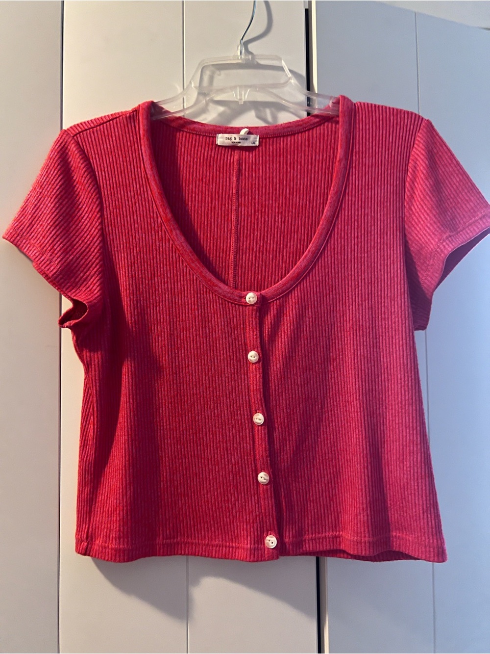 Rag & Bone Ribbed Short-Sleeve Button Front Top in Raspberry
